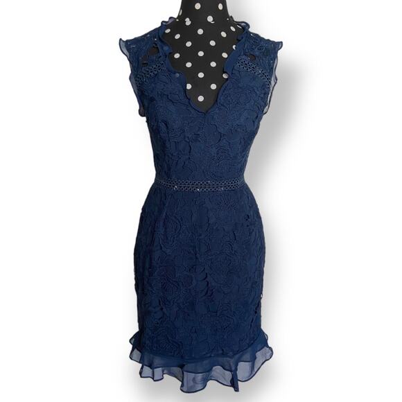 Cooper St. Womens Dress Size 4 Navy Blue Lace Sheath Deep V-Neck Sexy Short NEW - Picture 3 of 8